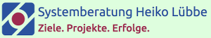 Logo roter Punkt und balue Umrandung, Schriftzug in blau Systemberatung Heiko Lübbe, darunter in rot die Wörter Ziele, Projekte und Erfolge